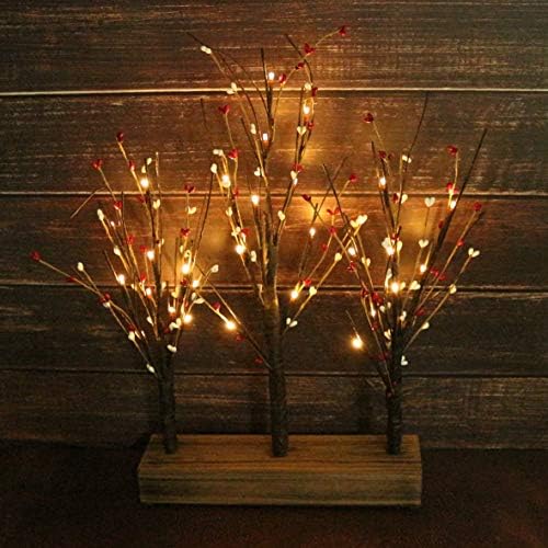 Battery Operated w/Timer Illuminated Pip Berry Tree Centerpiece Lighted Three Trees Tabletop LED Lights, for Home/Party/Wedding/Festival/Indoor Decoration, 21-Inch