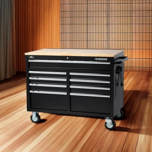 Workbench, Extra Deep 46 in. 9-Drawer Mobile, Wood, Black, 200 lb Load Capacity