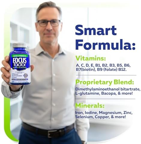 Focus Factor Adults Extra Strength, 120 Count - Brain Supplement for Memory, Concentration and Focus - Complete Multivitamin with DMAE, Vitamin D, DHA - Trusted Health Vitamins