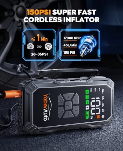 YaberAuto 12-in-1 Jump Starter with Air Compressor 8000A 160PSI 65W Charging, Portable Car Battery Jump Starter (All Gas/14L Diesel) Jump Box Car Battery Jumper Starter Portable Jumper Cables, 160W DC