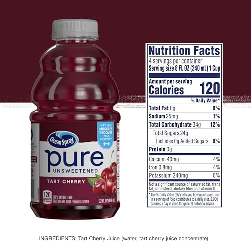 Ocean Spray® Pure Unsweetened Tart Cherry, 100% Tart Cherry Juice, 32 Fl Oz Bottle