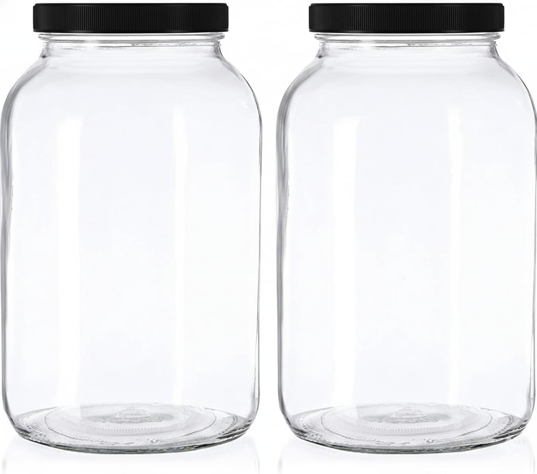 1 Gallon Glass Mason Jars – Extra Large Wide Mouth Jars with Airtight Lids – Perfect for Sourdough Starter, Fermenting, Pickling, and Storage – Made in the USA – Pack of 2