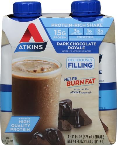 Atkins Dark Chocolate Royale Protein-Rich Shake. Rich and Creamy with Protein. Keto-Friendly and Gluten Free. (4 Shakes), 11 Fl Oz