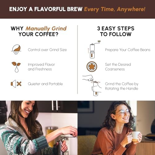 Manual Stainless Steel Coffee Grinder - 18 Adjustable Settings, Portable Conical Burr Grinder for Camping, Travel, Espresso - With Hand Crank