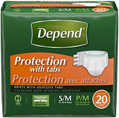 Depend Adult Diapers with Tabs, Incontinence Protection with Tabs, Unisex, Small/Medium (19–34" Waist, Up To 170 lbs), Maximum Absorbency, 60 Count (3 Packs of 20)