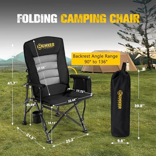 BUNKER INDUST Folding Camping Chair, Oversized with Padded Cushion, Outdoor Chair with Cup Holder Storage Pockets