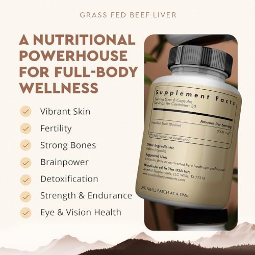 Ancestral Supplements Beef Liver Support Capsules, Iron & Energy, 180 Ct | Freeze-dried, Non-GMO Liver Rich in Heme Iron, Vitamin A & B12; Grass-fed, Desiccated, Vital Liver Support, Natural Liver