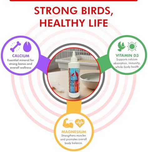 Calcium Plus Liquid for Birds – Calcium Supplement with Vitamins and Minerals for Strong Eggshells, Healthy Bones - Support Growth, Breeding, and Wellness for All Birds 4 Fl Oz | Calcium Supplement - Supports Healthy Growth, Bone Strength, Breeding, Brai…