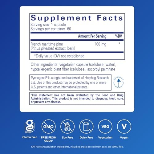 Pure Encapsulations Pycnogenol 100 mg | Hypoallergenic Supplement to Promote Vascular Health and Provide Antioxidant Support* | 60 Capsules | Hypoallergenic Supplement to Support Vascular Health and Provide Antioxidant Support*