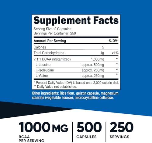 Nutricost BCAA 1000mg, 500 Capsules, 2:1:1 Branched Chain Amino Acids | 250 Servings, 500mg L-Leucine, 250mg L-Isoleucine, 250mg L-Valine