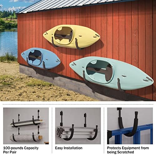2-Pack of Kayak Storage Hook Sets - Kayak Wall Mount Hangers with 100lb Capacity Per Pair for Paddleboards, Surfboards,