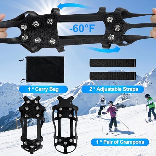 Ice Cleats for Shoes and Boots Crampons Snow Traction Cleats Anti Slip Overshoe 9 Steel Studs Shoe Grippers Slip-on Stretch Footwear for Women Men Kids Winter Hiking Climbing
