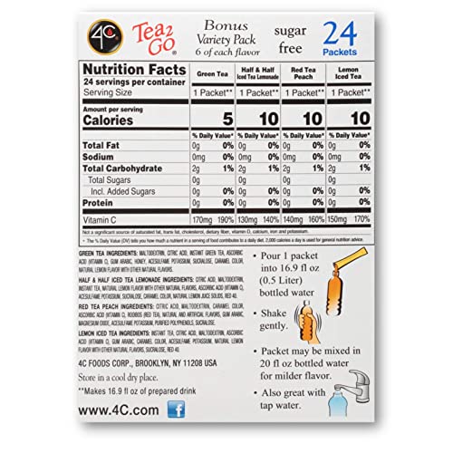 4C Powder Drink Mix Packets, Iced Tea Variety 1 Pack, 24 Count, Singles Stix On the Go, Refreshing Sugar Free Water Flavorings