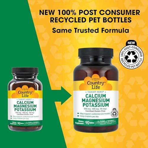 Country Life Target-Mins Calcium Magnesium Potassium, 180 Tablets | 500 mg calcium, 500 mg magnesium and 99 mg potassium per 2-tablet serving; certified gluten-free