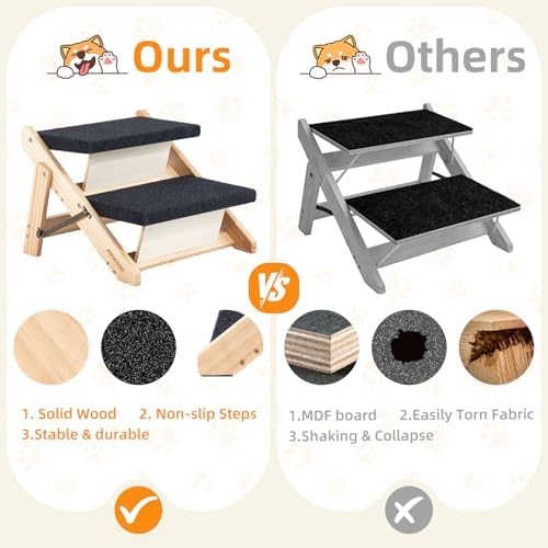 MEWANG Wood Pet Stairs & Ramp for Small/Medium Dogs & Cats, Aging Pets – 2-in-1 Foldable, Portable, Non-Slip Pet Ladder for Tall Beds, Couches