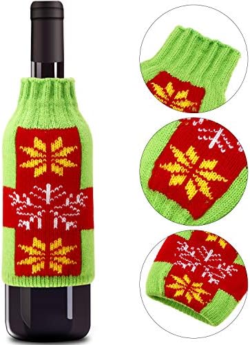 Boao 6 Sets Christmas Wine Bottle Cover and Hats Decoration Handmade Ugly Sweater Knit Wine Bottle Dress Santa Reindeer Snowman for Christmas