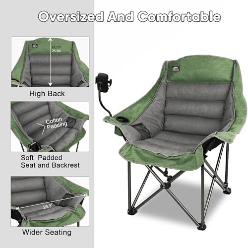Oversized XL Folding Camping Chair,Heavy Duty Support 400Lbs,Large Comfy Padded Camp Chair for Adults,Lawn Arm Chair w/Cup Holder,Phone Holder,Carry Bag Perfect for Outdoor (Brown