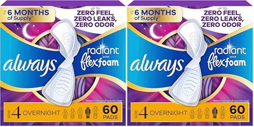 Always Radiant Feminine Pads for Women, Flexfoam Pads with Wings, Size 4, Overnight Absorbency, Lightly Scented, 60 Count (3 Packs of 20)