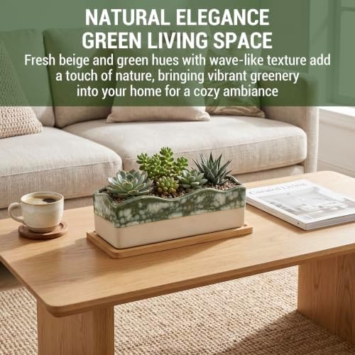 MyGift Beige Green Ceramic Glazed Rectangular Succulent Planter Pot