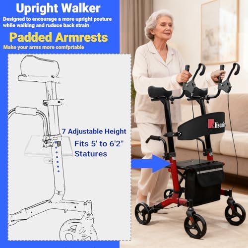 Aliseniors Upright Walker for Seniors - Big Stand Up Walker with Wide Seat, Foldable 4 Wheel All-Terrain Rolling Walker, Adjustable Armrests, 300lbs, Improves Posture & Reduces Back Strain | 20.6" Wide Seat, Foldable Rollator, 8" All-Terrain Wheels, Adju…