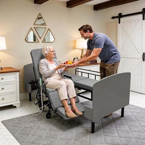 Electric Lift Bed for Elderly, Remote Control Adjustable Bed with 5.91" Mattress, Quiet Motor and Removable Tray, Zero Gravity Position Bed Frame Suitable for Hospital/Home Care