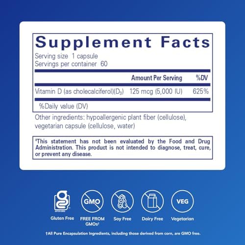 Pure Encapsulations Vitamin D3 125 mcg (5,000 IU) - Supplement to Support Bone, Joint, Breast, Heart, Colon, and Immune Health* - with Vitamin D - 120 Capsules | Supplement to Support Bone, Joint, Breast, Heart, Colon, and Immune Health*, with Vitamin D