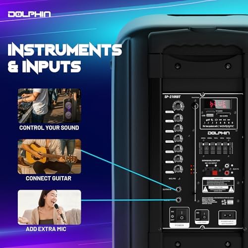 Dolphin Bluetooth Party Speaker with 2 Wireless Mics, Dual 10" Woofers | 1000W Output, SD/FM/USB/AUX/RCA, Guitar & Mic Inputs, Multicolor LED Lights