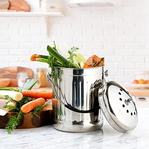 RED FACTOR Premium Compost Bin for Kitchen Countertop - Stainless Steel Food Waste Bucket with Innovative Dual Filter Technology - Includes Spare