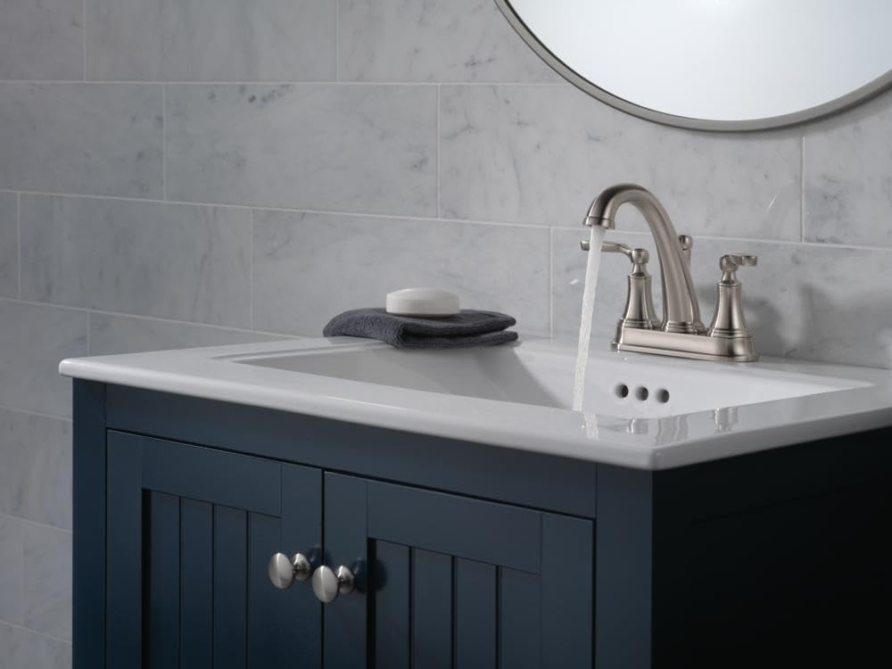 Delta Woodhurst Centerset Brushed Nickel Bathroom Faucet, 4 Inch 3 Hole Bathroom Sink Faucet for Vanity, Metal Push-Pop Drain Assembly