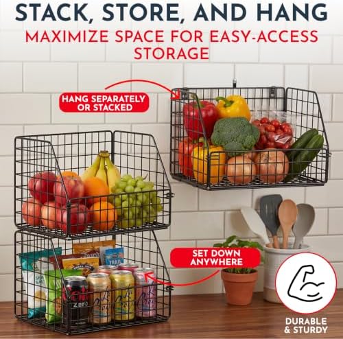 3x Stackable Hanging and Counter Baskets, Hanging Fruit Baskets for Kitchen
