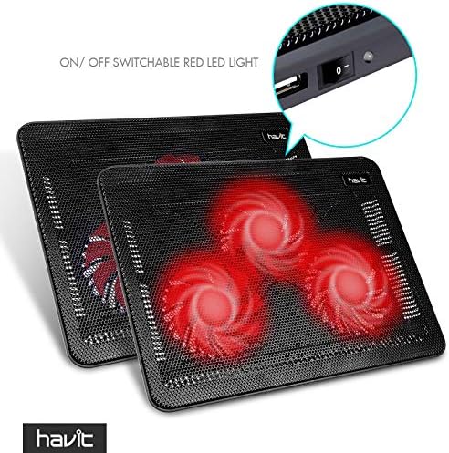 havit HV-F2056 15.6"-17" Laptop Cooler Cooling Pad - Slim Portable USB Powered (3 Fans), Black/Blue | Three quiet USB-powered fans circulate air below the laptop, two height settings improve viewing and typing comfort