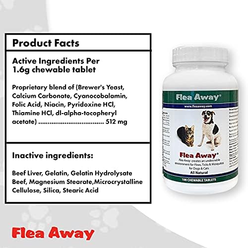 Flea Away All Natural Supplement for Fleas, Ticks, and Mosquitos Prevention for Dogs and Cats, 100 Chewable Treat Tablets, Single