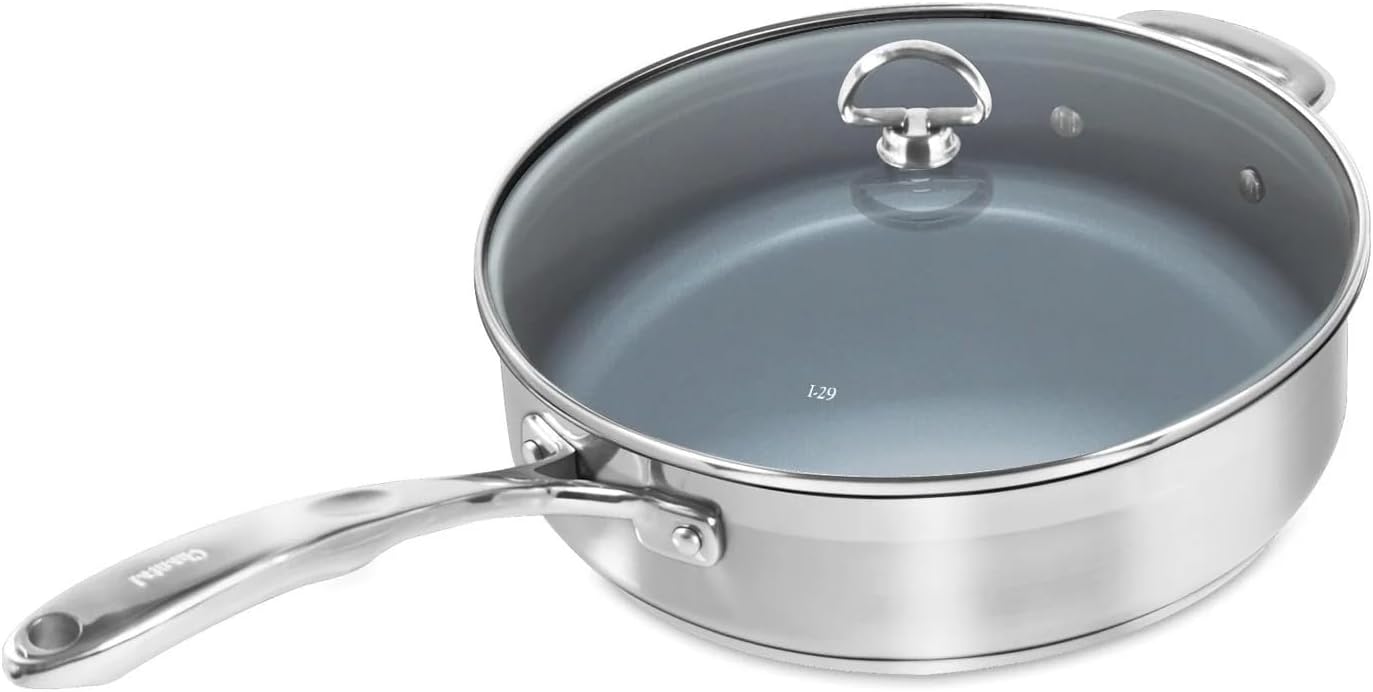 Chantal Induction 21 Steel 1 quart NonStick Saucepan with Tempered Glass Lid, Ceramic Non Stick, Brushed Stainless Steel