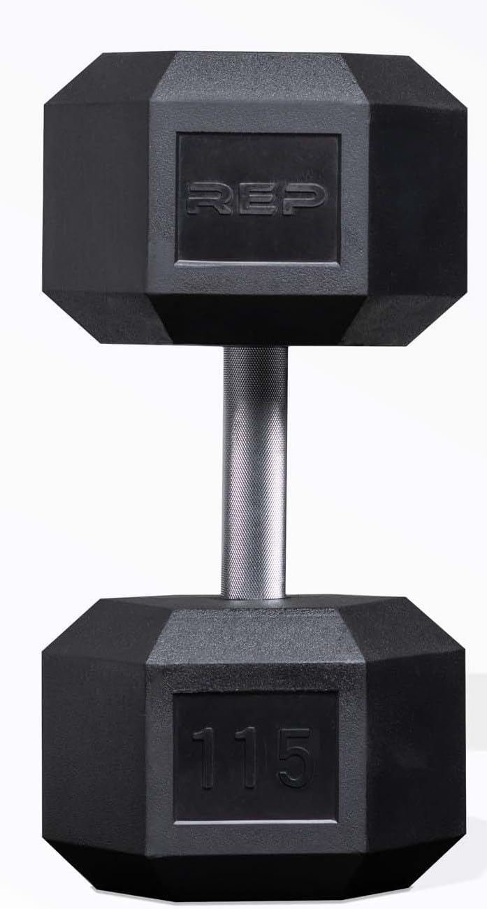 Rep Fitness Rubber Hex Dumbbell(s) - Singles (55LB +) and Pairs (5LB - 50LB) - Low Odor, Fully Knurled Handle