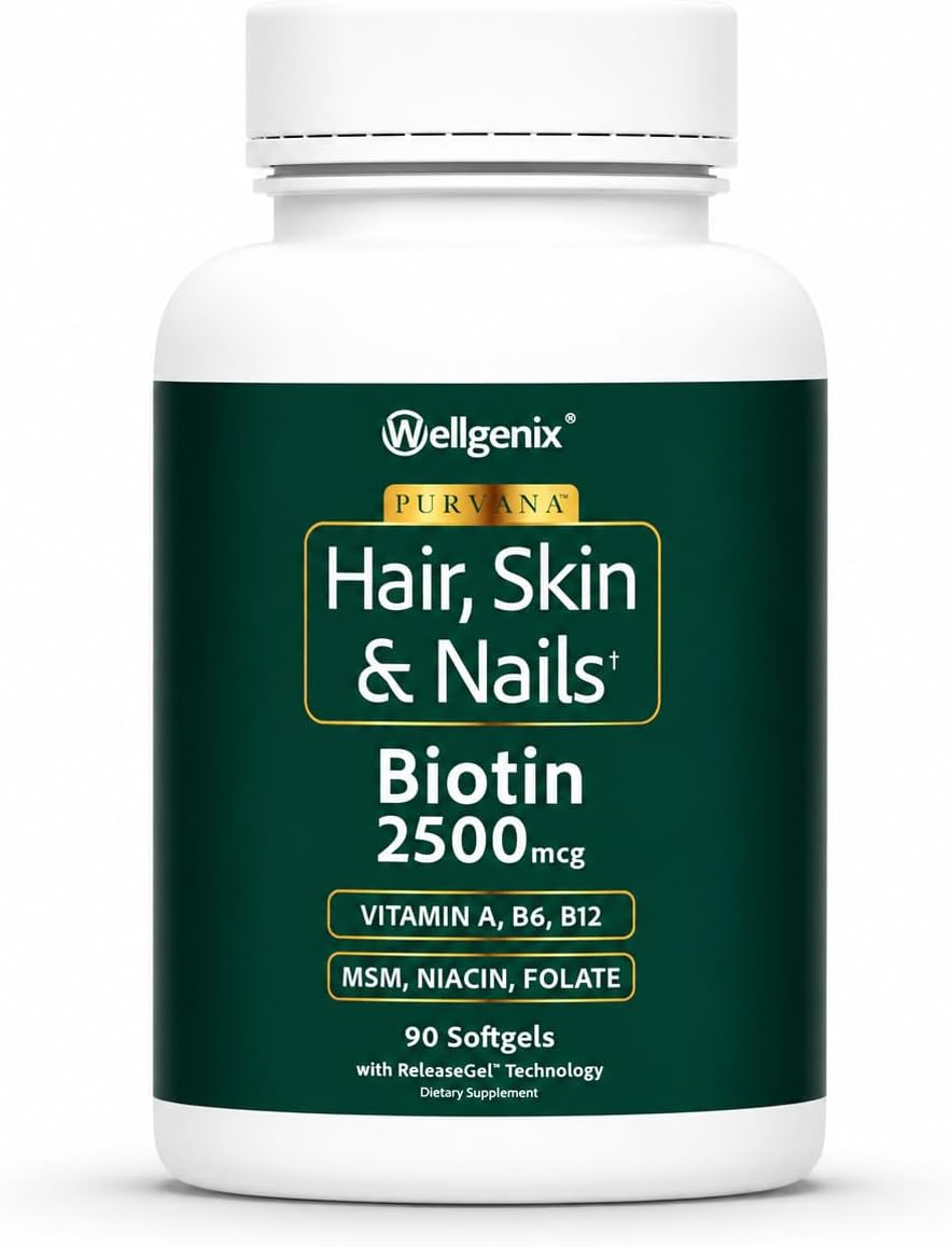 Wellgenix Purvana Hair Skin and Nails Supplement – 2500mcg Biotin Softgels with MSM & B-Complex – Daily Beauty Support for Stronger Nails & Hair Vitality – 90 Softgels | MSM, alpha lipoic acid & grape seed softgels for thicker-looking hair, stronger-look…