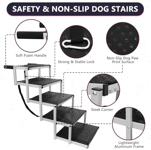 Dog Ramps for Small & Big Dogs Portable Folding Pet Stairs with Nonslip Surface Foldable Truck Ramp Stairs for Car, SUV and Trucks, Supports Up to 250LBS, 6 Steps