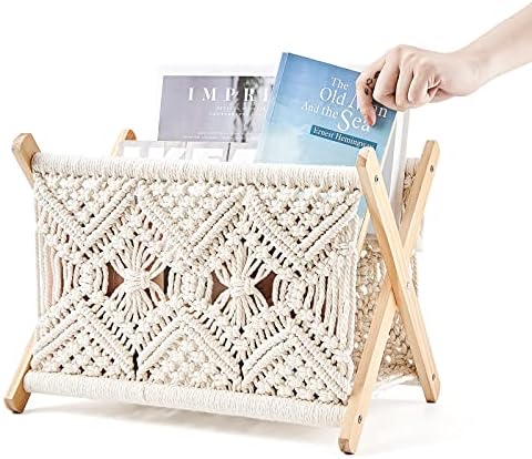 Mkono Macrame Magazine Holder, Boho Woven Book Rack Basket, 11.2"L x 7.5"W