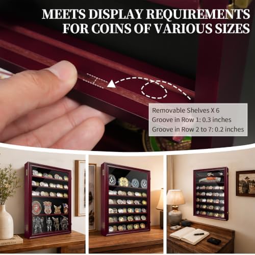 ASmileIndeep 7 Rows Military Challenge Coin Holder Display Cabinet Wall Mount with HD Tempered Glass, Holds 100 Coins, Wooden Medal Display Case Shadow Box with Removable Shelves, Mahogany