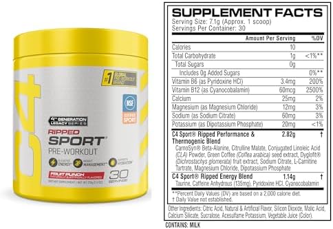 C4 Ripped Sport Pre Workout Powder, 135mg Caffeine, 30 Servings | Fruit punch flavor with 135mg caffeine, CLA, DygloFit & L-carnitine for energy