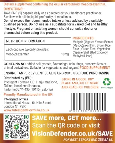 Vision Defender MZ Meso-Zeaxanthin 10mg Vegan Eye Supplement, 90 Capsules | Pure Carotenoid Antioxidant from Marigold Extract, Ocular Health Support