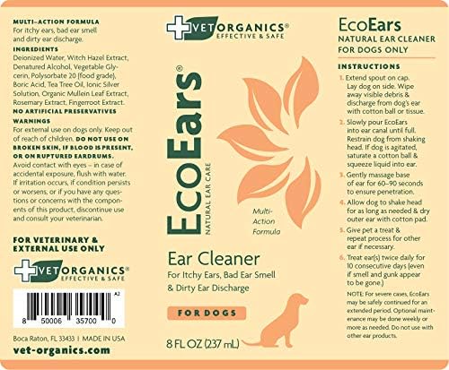 EcoEars Dog Ear Cleaner – Natural Multi-Action Formula for Ear Infection, Bad Discharge & Odor – Removes Foreign Matter & Cleans Difficult Ears - 8fl oz.