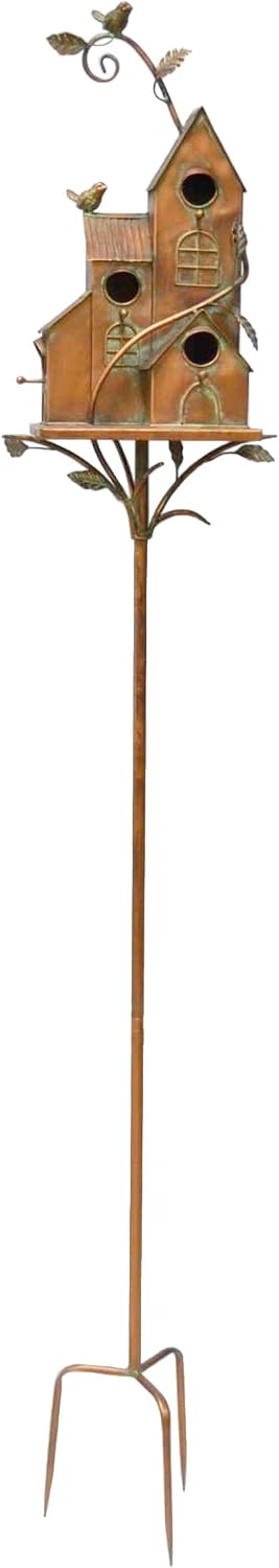 Large Copper Colored Multi-Birdhouse Stakes, Room for 4 Bird Families in Each (Cube Homes with Pyramid Roofs)