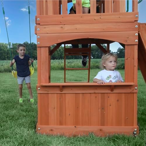 Backyard Discovery Atlantis Cedar Wood Swing Set with Wave Slide, Raised Clubhouse, Rock Wall, Belt Swings, Trapeze, Balcony, Lower Play Space