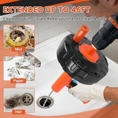 45 FT Drain Snake Auger Manual & Drill Powered Auto Retract | Drill Attachment Adapter, Automatic Feed & Retract Cable
