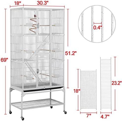 Yaheetech 69" Large Bird Cage for Parakeets, Budgies, 3-Tier Flight Cage | Detachable Rolling Stand, Easy Cleaning Slide-out Tray, Multi-door Access, 0.4'' Bar Spacing, Free Accessories