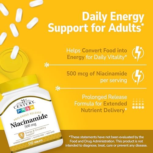 21st Century Niacinamide 500mg Prolonged Release, No Flush, 110 Count | Vitamin B-3 Niacinamide 500 mg, Energy Metabolism & Skin Health Support, No-Flush Formula, Prolonged Release, Non-GMO Tablets
