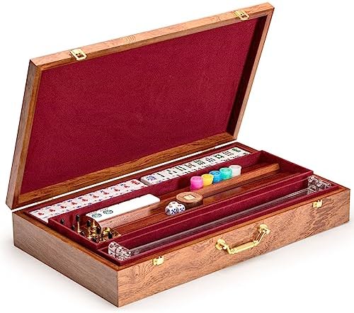Yellow Mountain Imports American Mahjong Set, Golden Fortune with 166 Acrylic Mahjong Tiles, Inlaid Wooden Case, Racks and Other Accessories