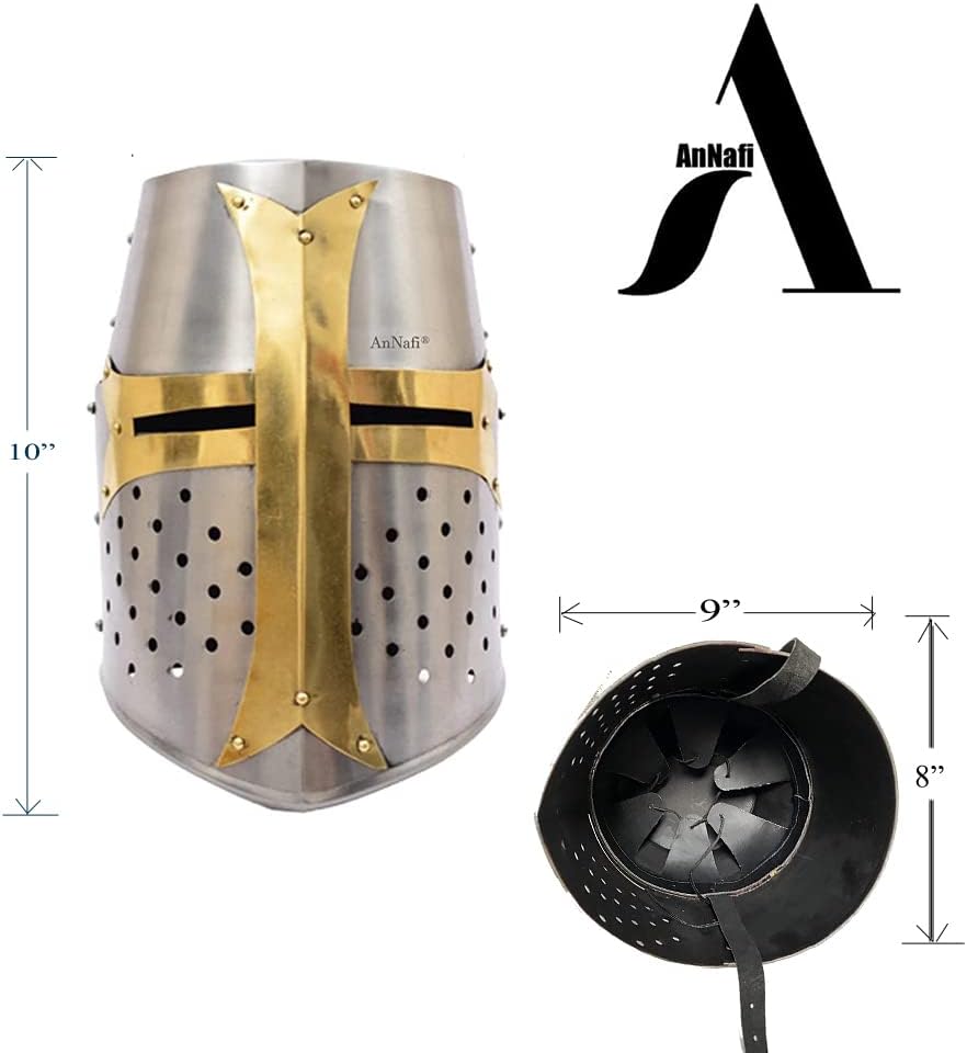 AnNafi® Brass Crusader Helmet | Medieval Metal Knight Helmets | PREMIUM QUALITY with Fitted LEATHER LINER | Dark Crusades Helmet Wearable for Adult