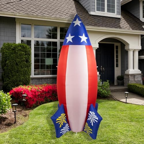 LED Lighted Inflatable Americana Rocket Outdoor Decoration - 8' - Clear Lights