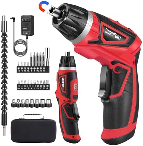 Cordless Electric Screwdriver Set, 8V 10Nm Rechargeable Power Electric Drill, Battery Screw Gun with Driver Bit, 320RPM/10+1 Torque, 2 Position Handle, Flexible Shaft LED Light (Red, 28Pcs)